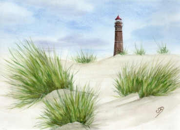 Postkarte DIN-A6  Aquarell Maritim Kunst Druck Kunstdruck Nordsee Insel Borkum Neuer Leuchtturm Strand Meer Dünen